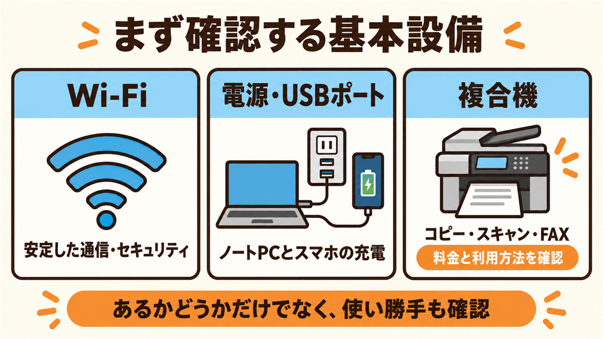 まず確認する基本設備。Wi-Fi（安定した通信・セキュリティ）、電源・USBポート（ノートPCとスマホの充電）、複合機（コピー・スキャン・FAX、料金と利用方法を確認）。あるかどうかだけでなく、使い勝手も確認