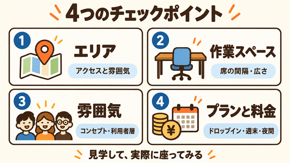 コワーキングスペース選びの4つのチェックポイント。エリア（アクセスと雰囲気）、作業スペース（席の間隔・広さ）、雰囲気（コンセプト・利用者層）、プランと料金（ドロップイン・週末・夜間）。見学して実際に座ってみる