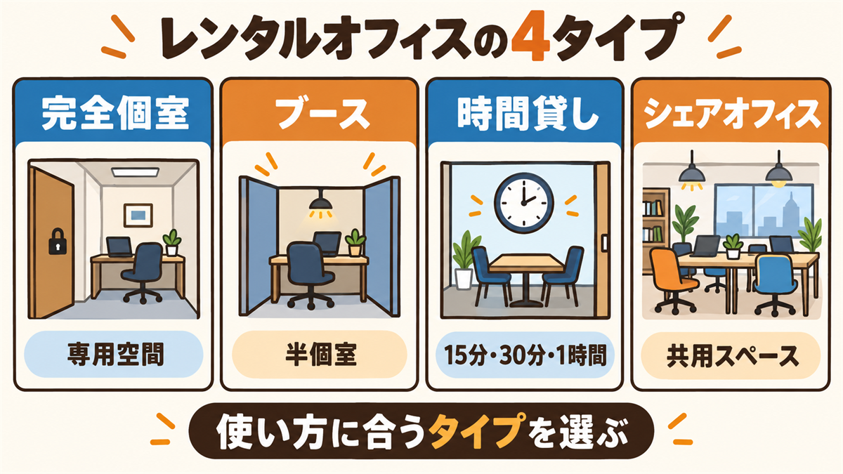 レンタルオフィスの4タイプ。完全個室は壁と天井で仕切られ、プライバシー・防音・施錠。ブースはパーテーションで区切る半個室で費用を抑えやすい。時間貸しは15分・30分・1時間単位で出先の作業や会議向け。シェアオフィスは共用スペースを複数の会員で使い、低コストで交流もできる。使い方に合うタイプを選ぶ