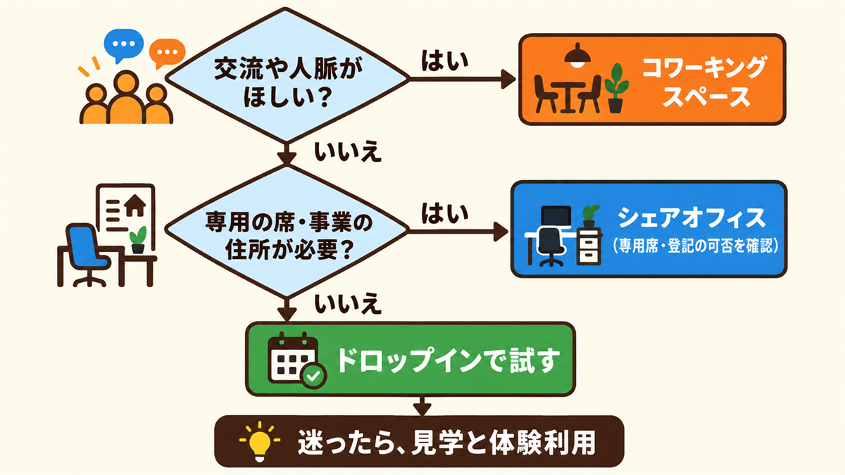 コワーキングかシェアオフィスかを選ぶフロー。交流や人脈がほしいならコワーキングスペース。専用の席や事業の住所が必要ならシェアオフィス（専用席・登記の可否を確認）。どちらでもなければドロップインで試す。迷ったら見学と体験利用
