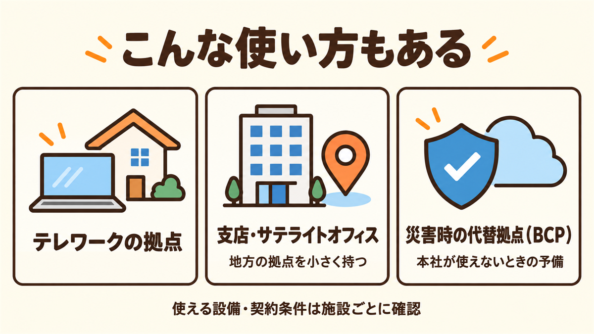 コワーキング・シェアオフィスの活用場面。テレワークの拠点、支店・サテライトオフィス（地方の拠点を小さく持つ）、災害時の代替拠点（BCP）。使える設備・契約条件は施設ごとに確認