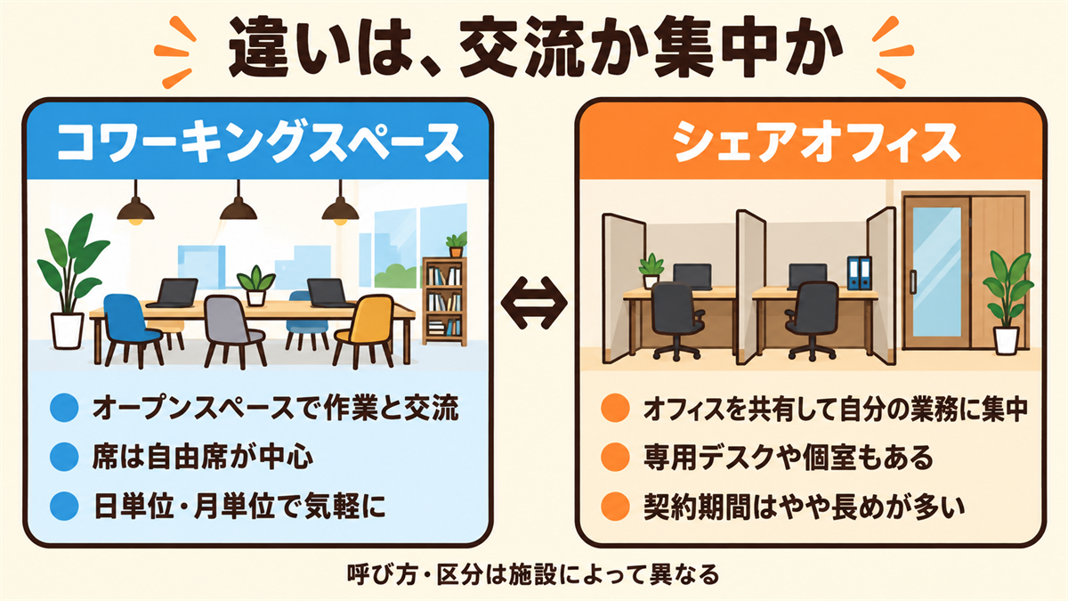 コワーキングスペース（オープンスペースで作業と交流、自由席が中心、日単位・月単位で気軽に）とシェアオフィス（オフィスを共有して自分の業務に集中、専用デスクや個室もある、契約期間はやや長め）の違い。呼び方は施設によって異なる