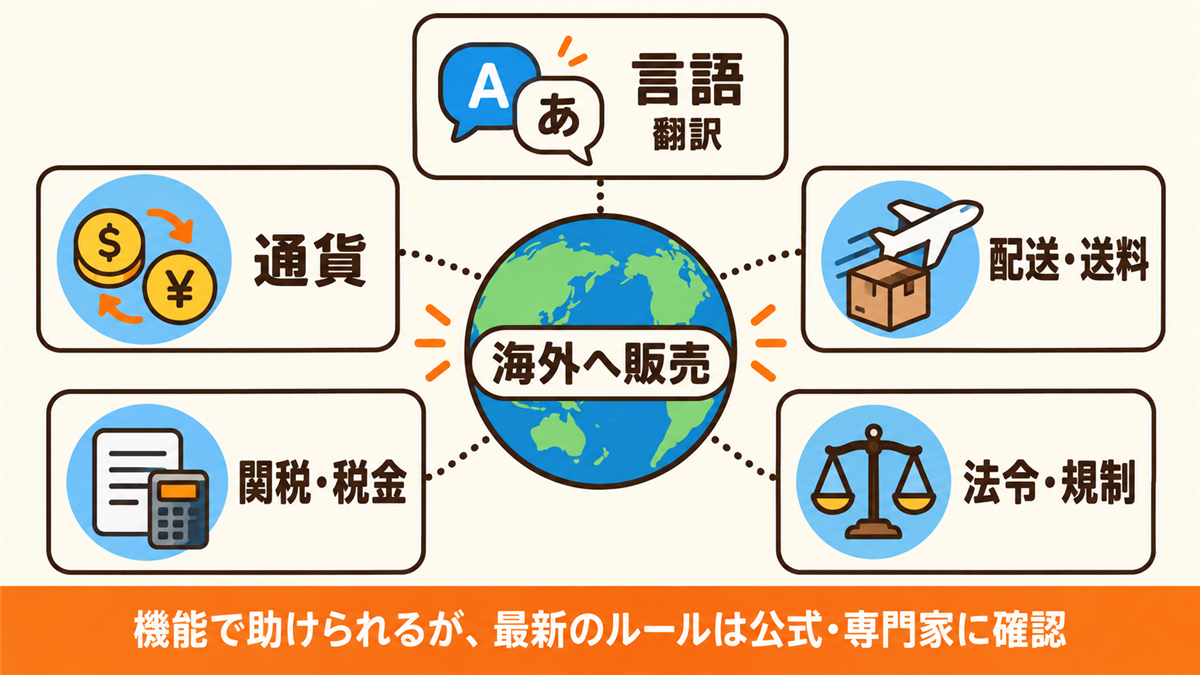 越境ECで必要になること。言語（翻訳）、通貨（両替）、配送・送料、関税・税金、法令・規制。機能で助けられるが、最新のルールは公式・専門家に確認