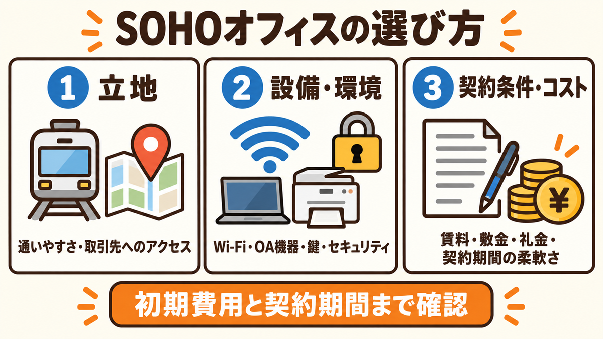 SOHOオフィスの選び方の3つのポイント。立地（通いやすさ・取引先へのアクセス）、設備・環境（Wi-Fi・OA機器・鍵・セキュリティ）、契約条件・コスト（賃料・敷金・礼金・契約期間の柔軟さ）。初期費用と契約期間まで確認