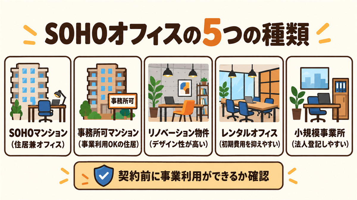 SOHOオフィスの5つの種類。SOHOマンション（住居兼オフィス）、事務所可マンション（事業利用OKの住居）、リノベーション物件（デザイン性が高い）、レンタルオフィス（初期費用を抑えやすい）、小規模事業所（法人登記しやすい）。契約前に事業利用ができるか確認