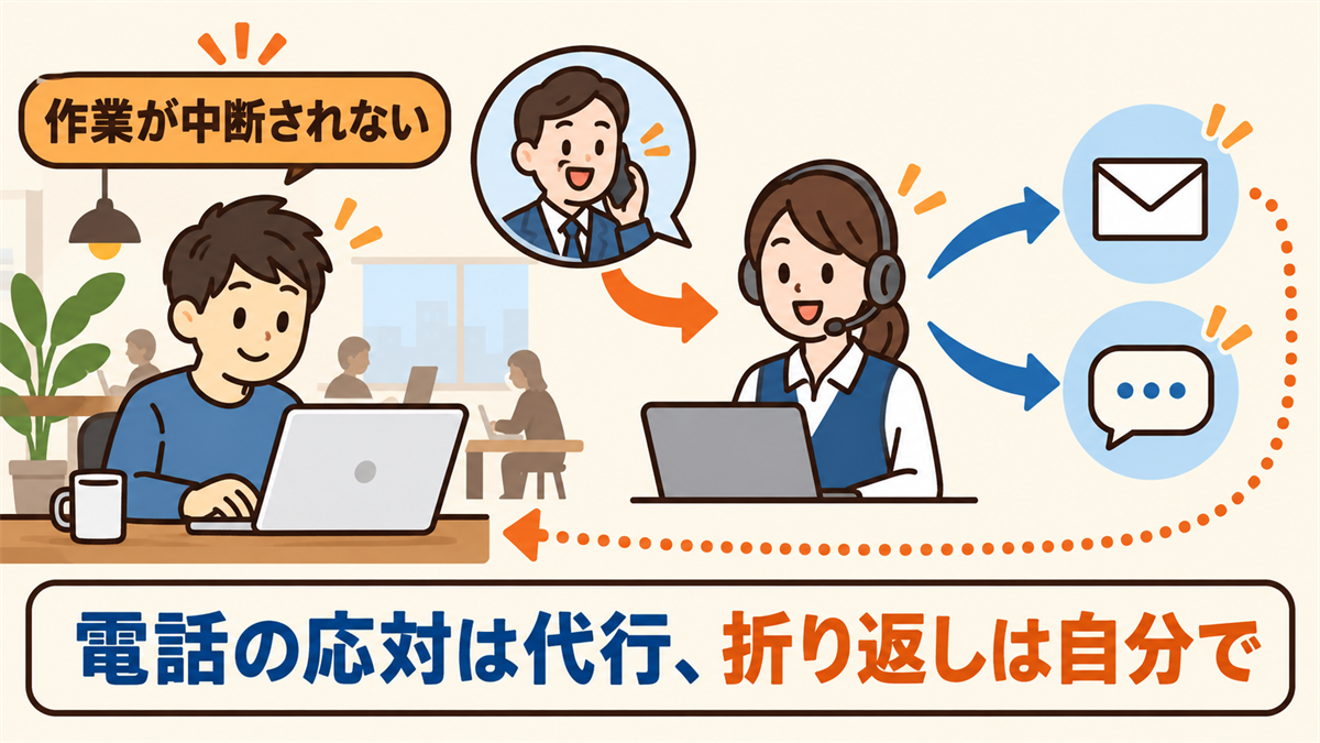 コワーキングで作業しながら、お客様の電話に電話代行のオペレーターが応対し、封筒やチャットで用件を報告する仕組み。作業が中断されない。電話の応対は代行、折り返しは自分で行う