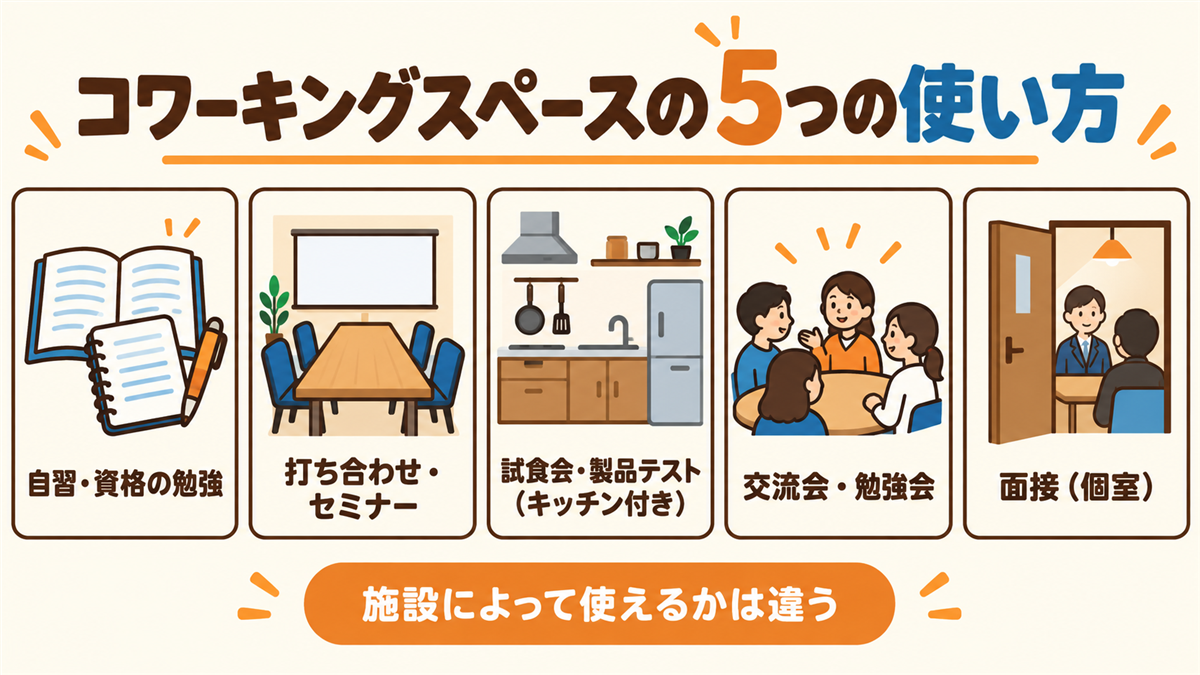 コワーキングスペースの5つの使い方。自習・資格の勉強、打ち合わせ・セミナー、試食会・製品テスト（キッチン付き）、交流会・勉強会、面接（個室）。施設によって使えるかは違う